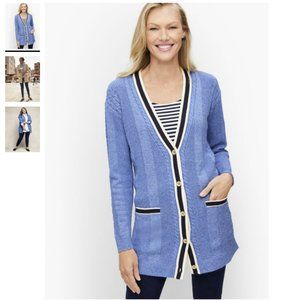 NWT Talbots Tipped Cable Knit Cardigan in Blue Iris Combo
